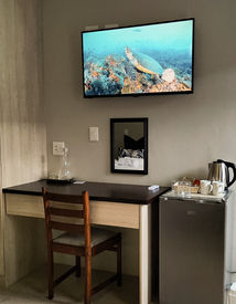 Guestroom amenities including a kettle, vanity, fridge and smart TV.