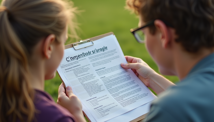 Close-up view of a parent and camp director discussing summer camp accommodations with documents on a table