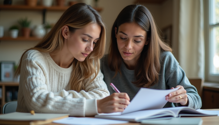Eye-level view of a parent reviewing a detailed progress report with a tutor