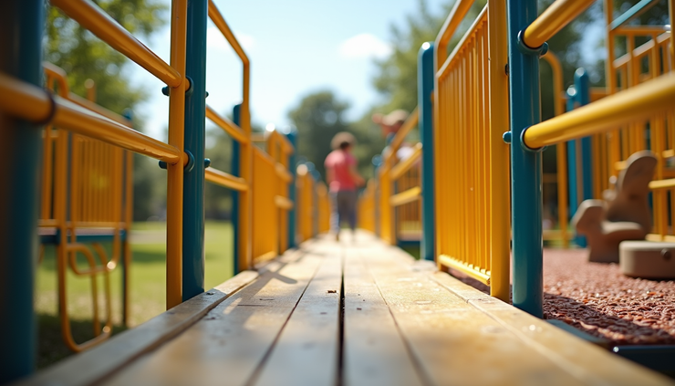 Eye-level view of a summer camp playground with accessible ramps and play equipment