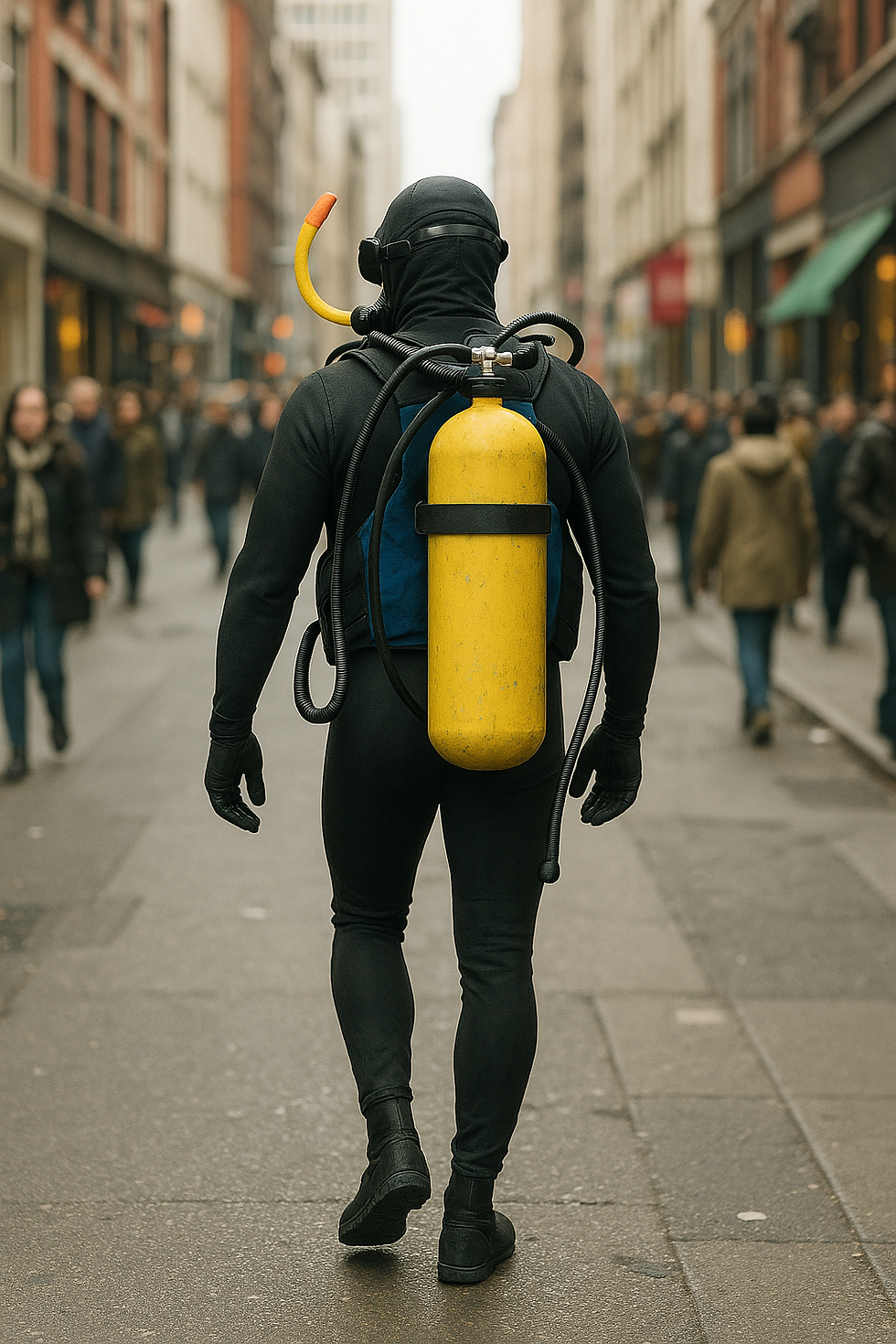 scuba diver walking down the street with equipment on