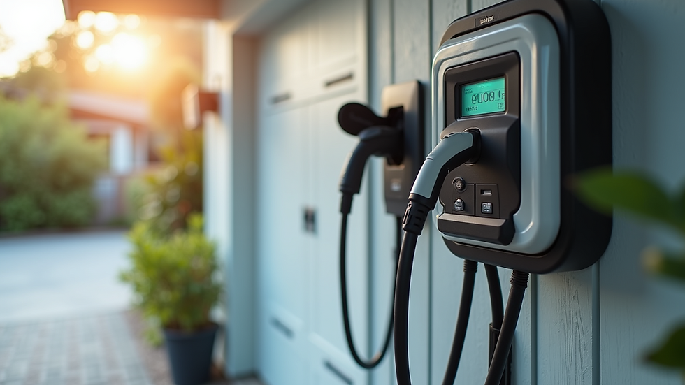 Eye-level view of a modern electric vehicle charger mounted on a home garage wall