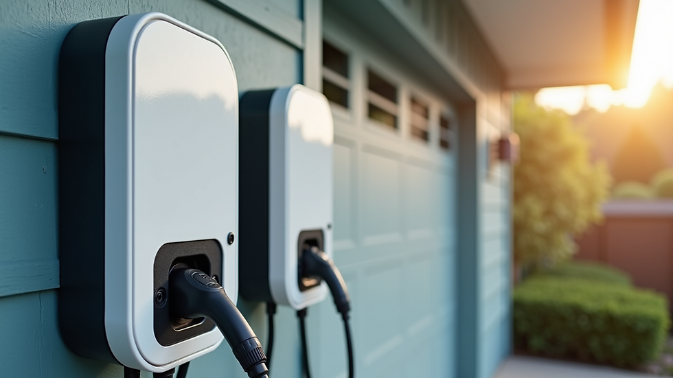 Eye-level view of a modern EV charger mounted on a home garage wall
