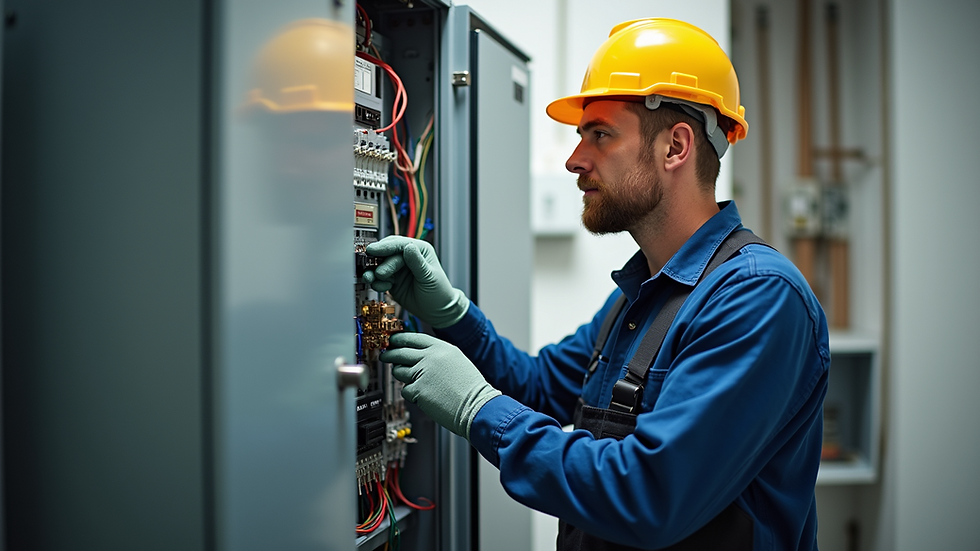 High angle view of a technician inspecting an electrical switchboard