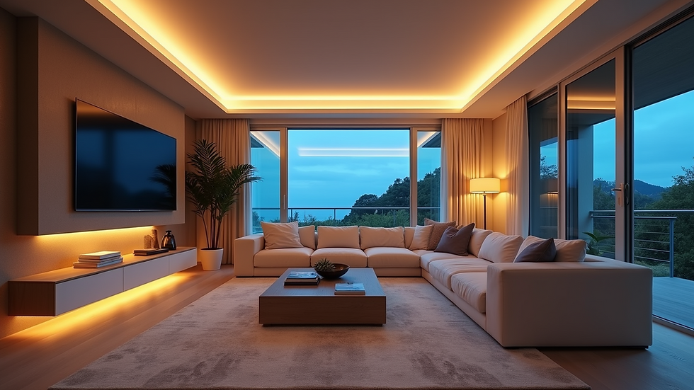 Eye-level view of a modern living room illuminated by warm LED lighting