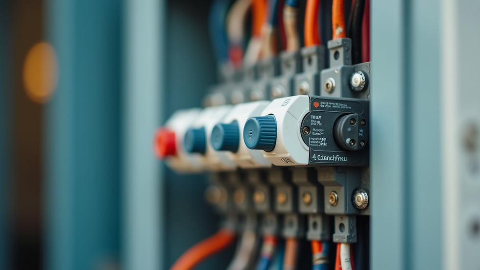 Close-up view of electrical switchboard with safety switches installed
