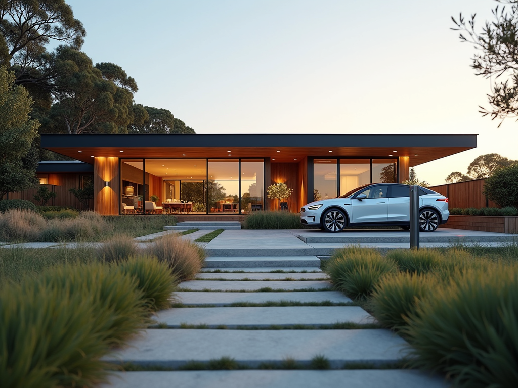 A sleek electric vehicle charging at a modern coastal home on the Northern Beaches.
