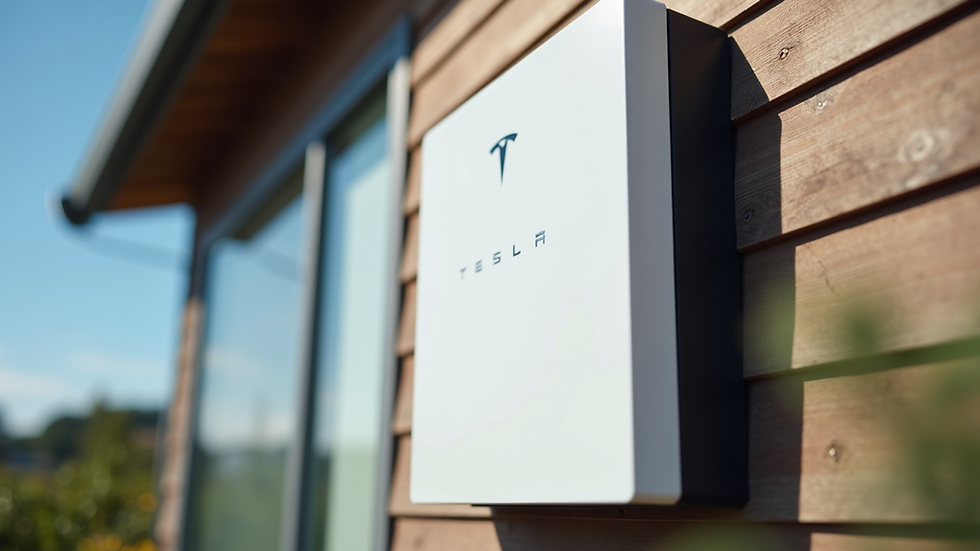 Close-up view of a Tesla Powerwall battery mounted on a home wall