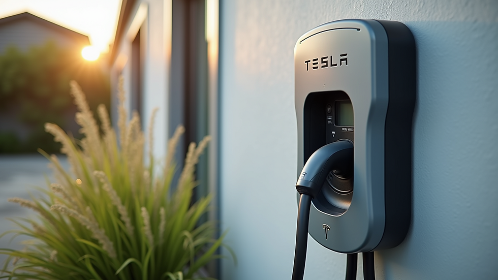 High angle view of a premium Tesla EV charger installed on a home exterior wall