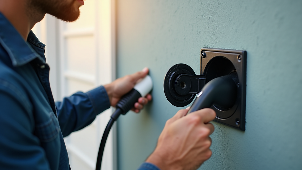 Close-up view of an electrician installing a home EV charger on a residential wall