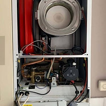 A close-up view of the internal components of a boiler