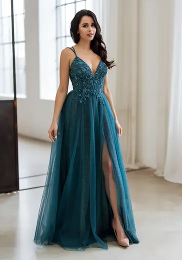Woman in a teal evening dress with a high slit