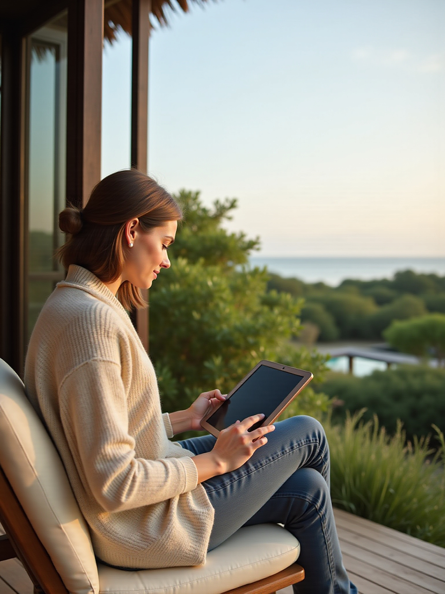 A Woman sitting on a chair with tablet
