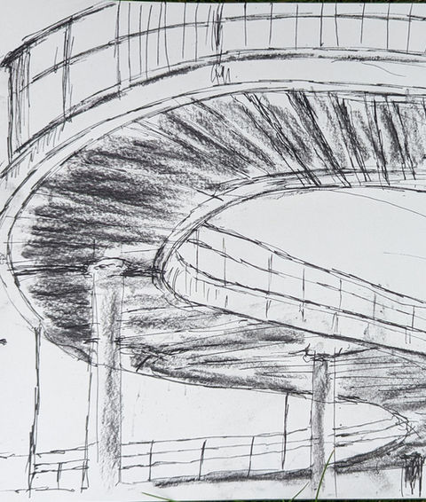 A pencil drawing of Rushden Lakes pedestrian flyover. 