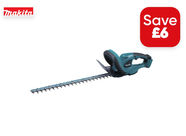 Makita electric hedge trimmer with Save £6 text, for trimming hedges and shrubs