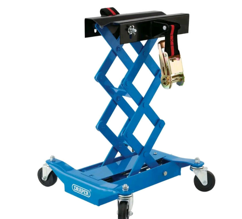 Blue Draper motorcycle lift with wheels and a strap