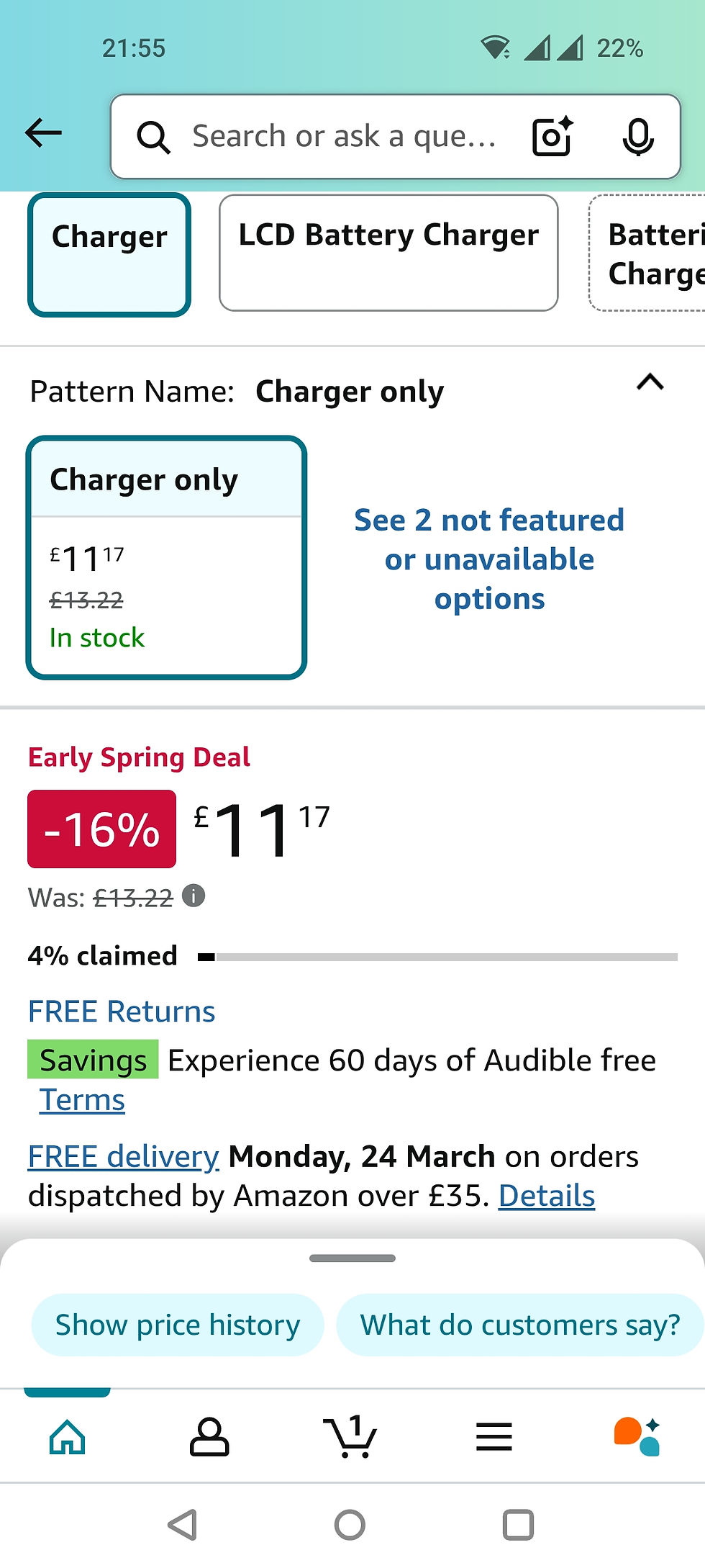 Amazon product page showing a charger only option for £11.17, a 16% discount off the original price of £13.22, free returns and free delivery on orders over £35