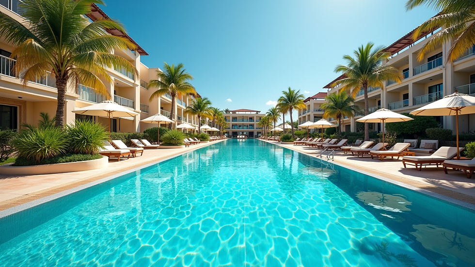 Wide angle view of a vibrant all-inclusive resort pool area
