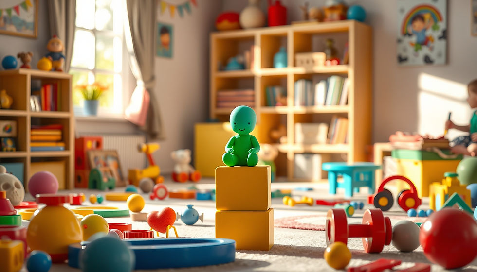 Close-up view of a colorful playroom filled with toys and books