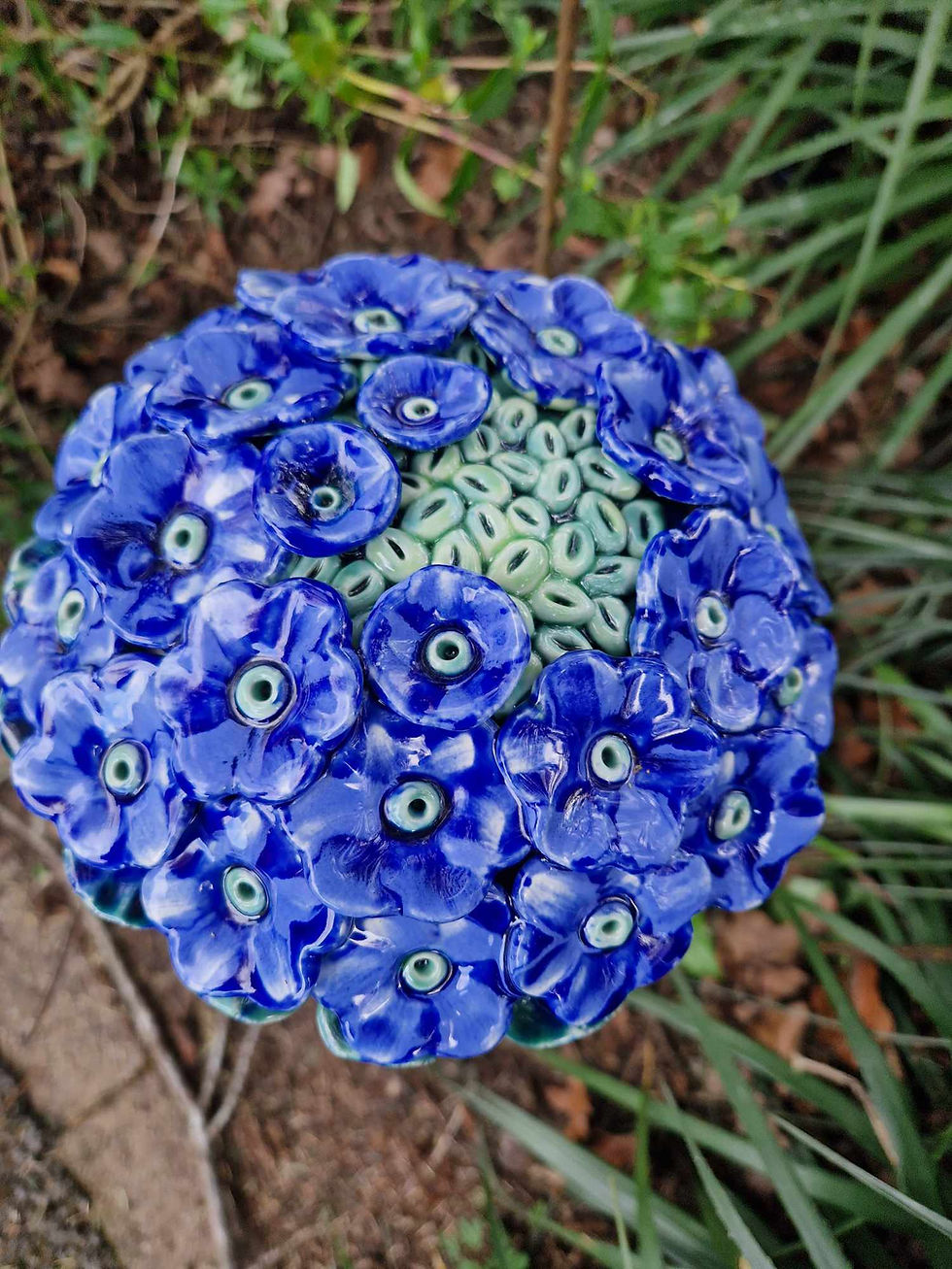 Thumbnail: Dark Blue Ceramic Lace Cap Hydrangea Flower With Stem is made with frost proof 