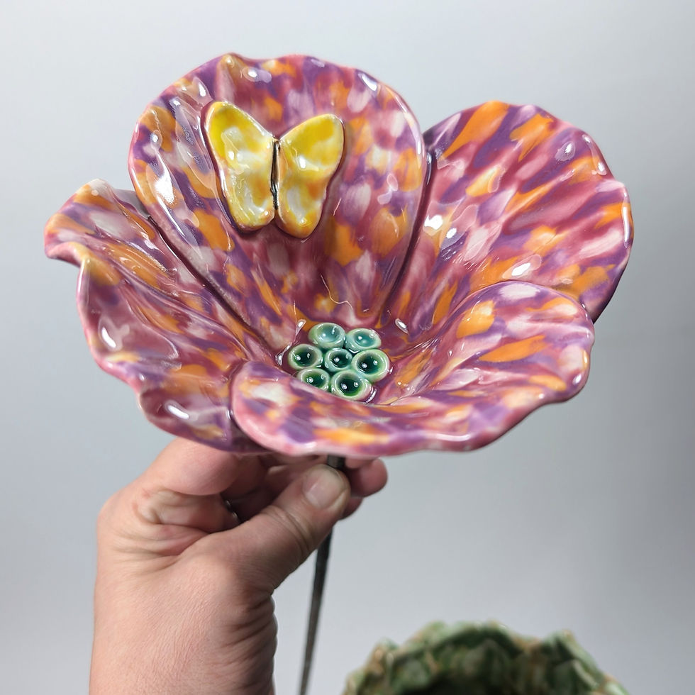 Thumbnail: Speckled Pink, Orange Poppy Ceramic Flower with Yellow Butterfly and Stem