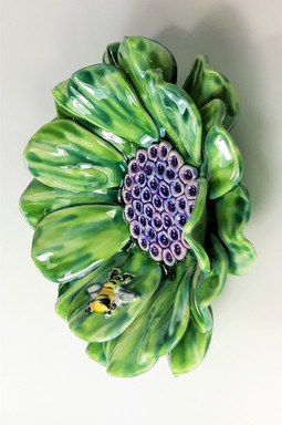Green Wall Flower Sculpture with Bee by Renee Kilburn Ceramics.
SOLD.