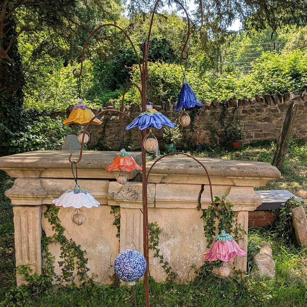 Thumbnail: Hanging Yellow Ceramic Flower Bird Feeder with Purple Butterfly