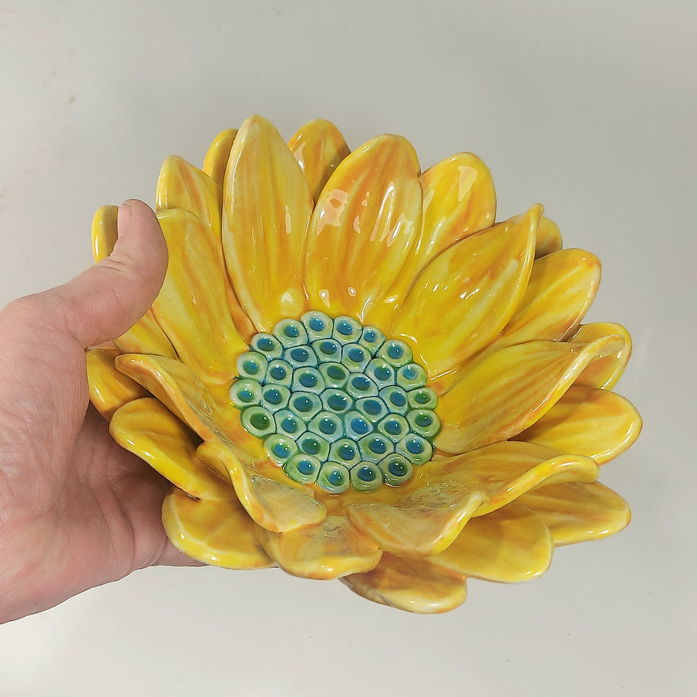 Thumbnail: Yellow Ceramic Sunflower Bowl Sculpture With Turquoise Centre