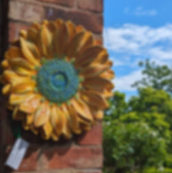 XL Wall Hanging Yellow and Turquoise Ceramic Sunflower Sculpture