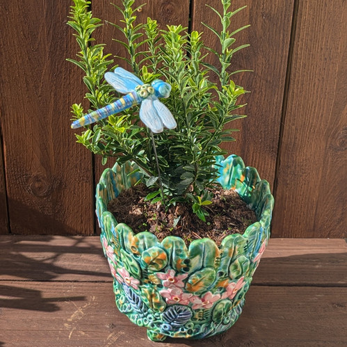 Dragonfly Ceramic Plant Pot Decoration With Stem | ReneKilburnCeramics