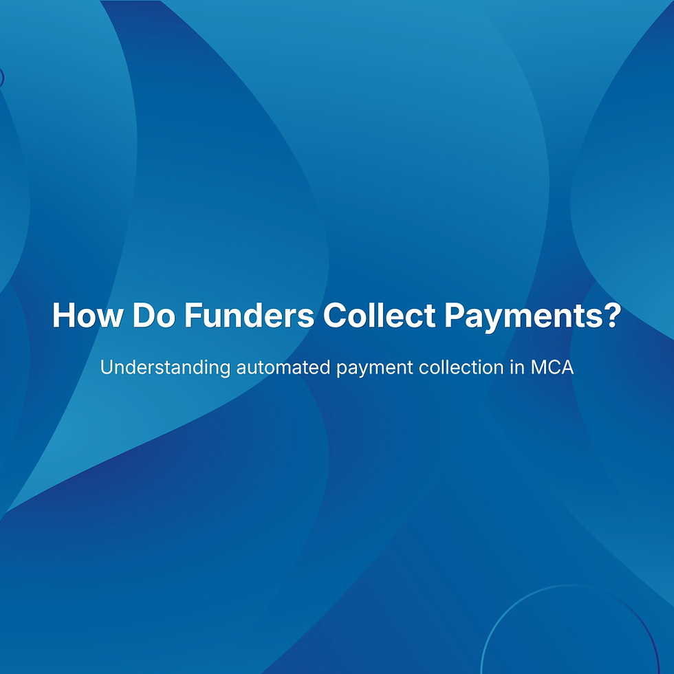 Blue abstract wave background with text How Do Funders Collect Payments by Ali Barkhordar and Ultimate Business Capital. Educational post about merchant cash advance payment collection methods.