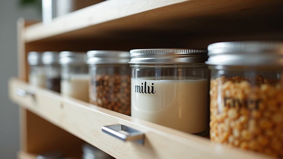 Close-up view of organized kitchen drawers with labeled containers