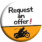 text in black Request an offer for this tour and on orange colour background, drawing of a running motorcycle