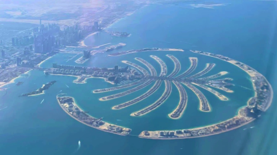 The Palm Islands on the Dubai coast, view from up in the sky