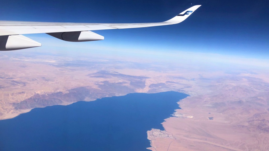 view from up in the sky in a Finnair plane over the dubai region