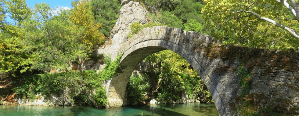 small stone bridge above a river with green water and many green trees around