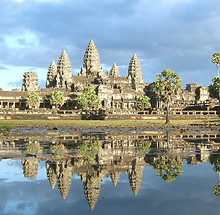 Image of the Angkor Wat temple in Cambodia, with reflection on water