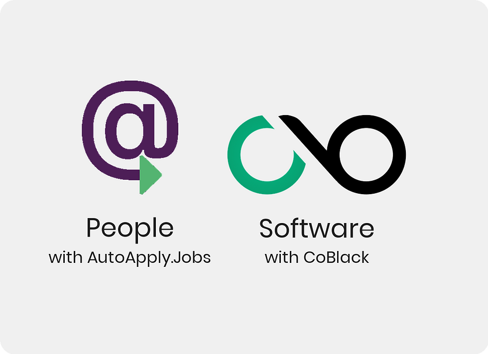 AutoApply.Jobs purple at-symbol logo beside the CoBlack infinity logo on a light grey rounded card. Labels read People with AutoApply.Jobs and Software with CoBlack.