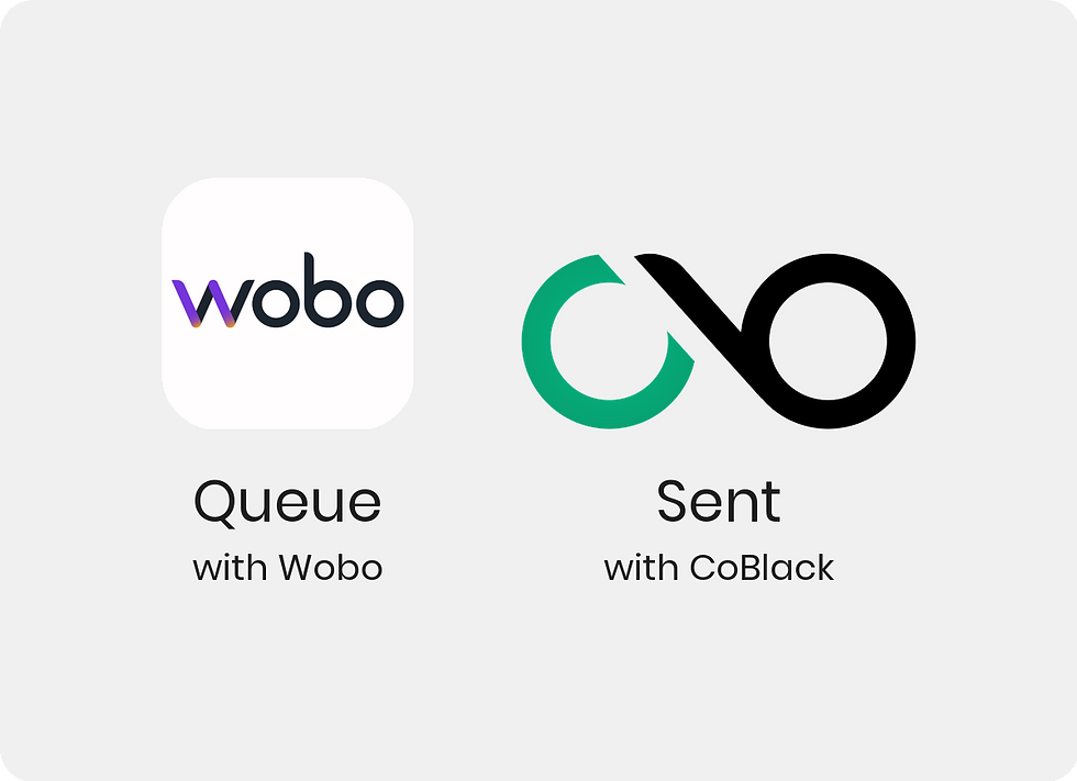Wobo wordmark app icon beside the CoBlack infinity logo on a light grey rounded card. Labels read Queue with Wobo and Sent with CoBlack.