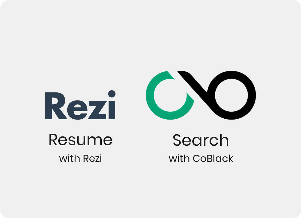 Rezi navy wordmark next to the CoBlack infinity logo on a light grey rounded card. Labels read Resume with Rezi and Search with CoBlack.
