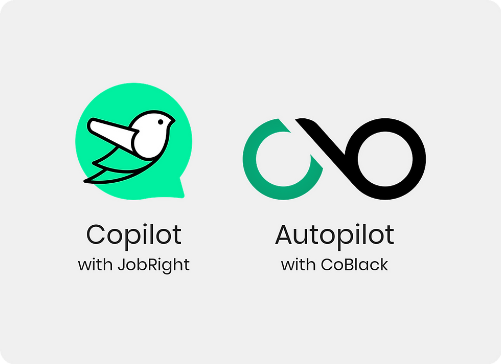 JobRight green bird logo beside the CoBlack infinity logo on a light grey rounded card. Labels read Copilot with JobRight and Autopilot with CoBlack.