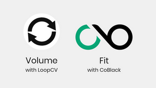 LoopCV circular arrows icon next to CoBlack infinity logo on a light grey rounded card. Labels read Volume with LoopCV and Fit with CoBlack.