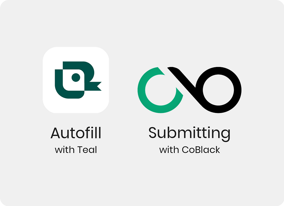 Teal green bird app icon beside the CoBlack infinity logo on a light grey rounded card. Labels read Autofill with Teal and Submitting with CoBlack.