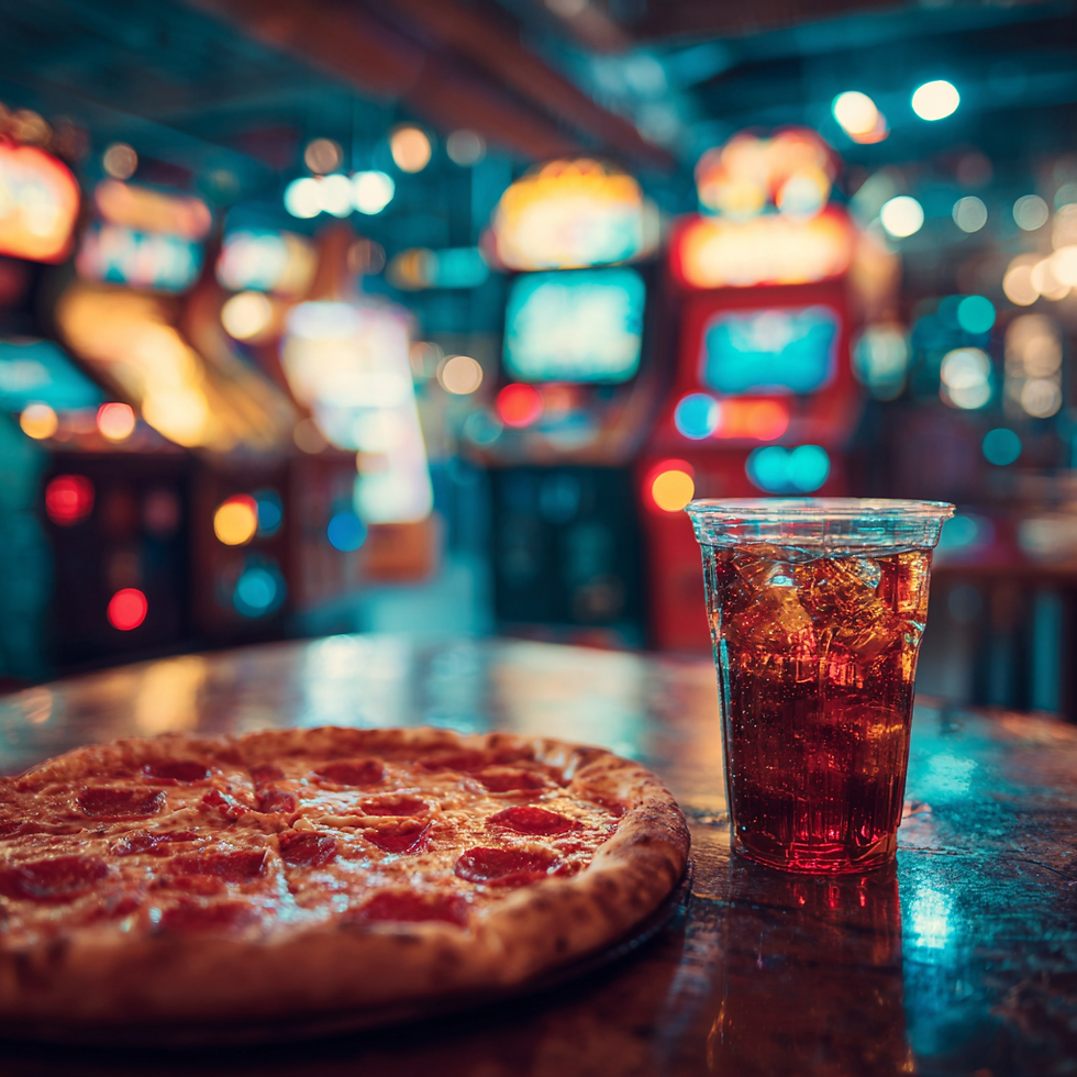 hiyoheywhatsup_pizza_and_a_drink_on_a_table_in_an_arcade_stoc_94f3cd2b-ddd8-4655-8893-47af