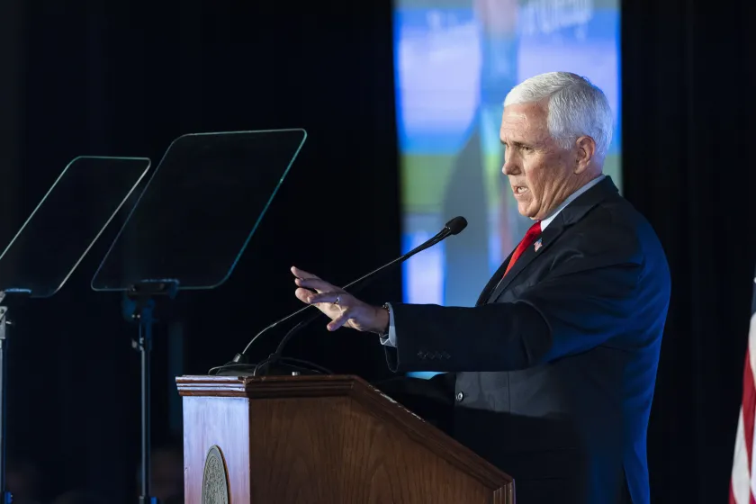 Former Vice President Mike Pence, pictured speaking at the University Club of Chicago on June 20, 2022.