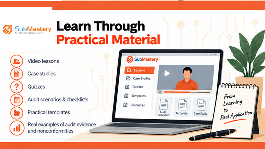 "SubMastery ISO course video lessons, case studies, and audit checklists on laptop"