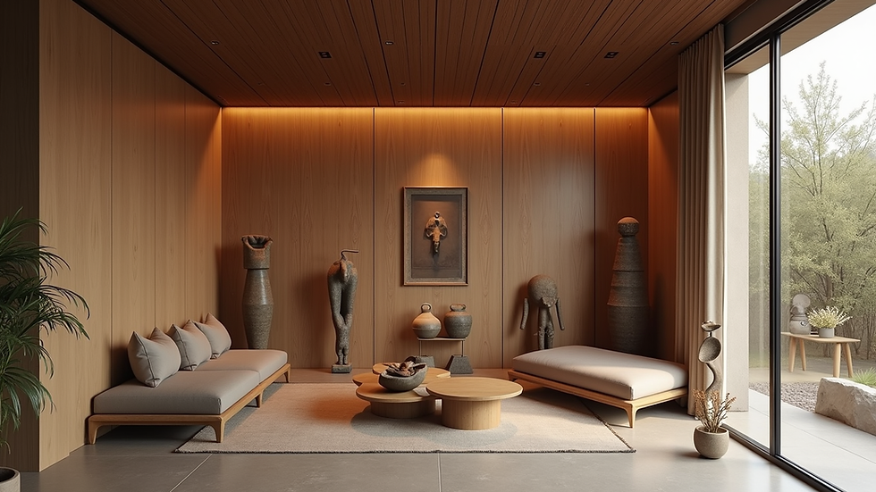 High angle view of a curated collection of African sculptures displayed in a modern interior
