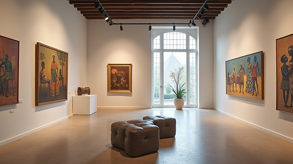 High angle view of a gallery space featuring contemporary African paintings