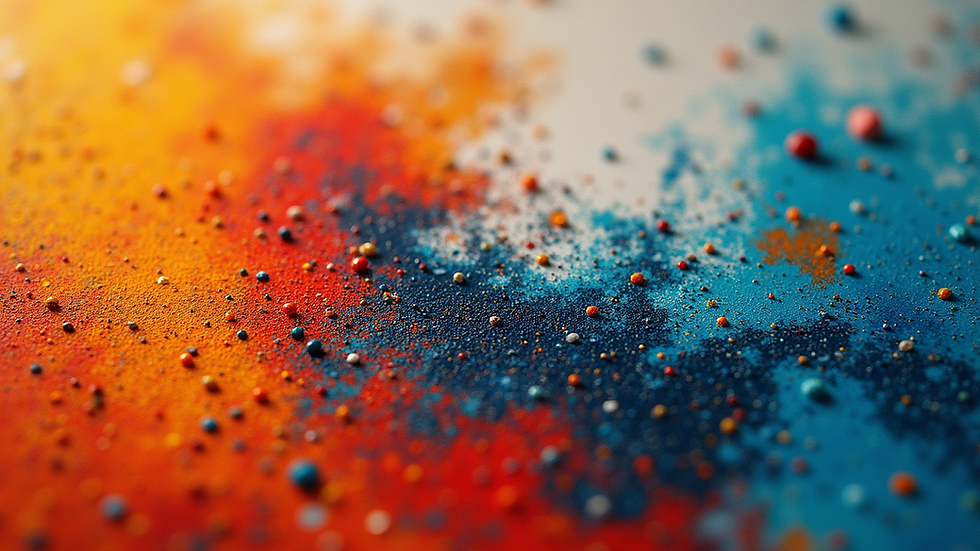 Eye-level view of a vibrant abstract painting with rich textures