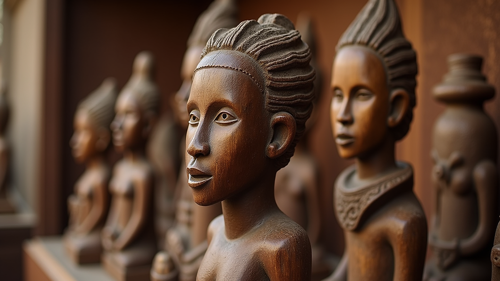 Eye-level view of a traditional African wooden sculpture on display
